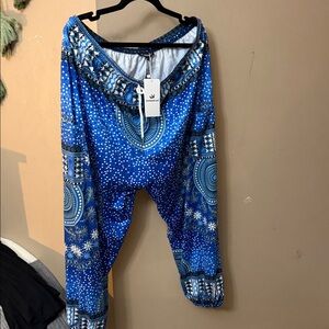 Elegant Blue Patterned Women's Wide Leg Pants